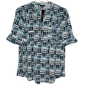 Cocomo Women's Plus Size 2X Blue Multicolor Geo Print Pintuck 3/4 Sleeve Top